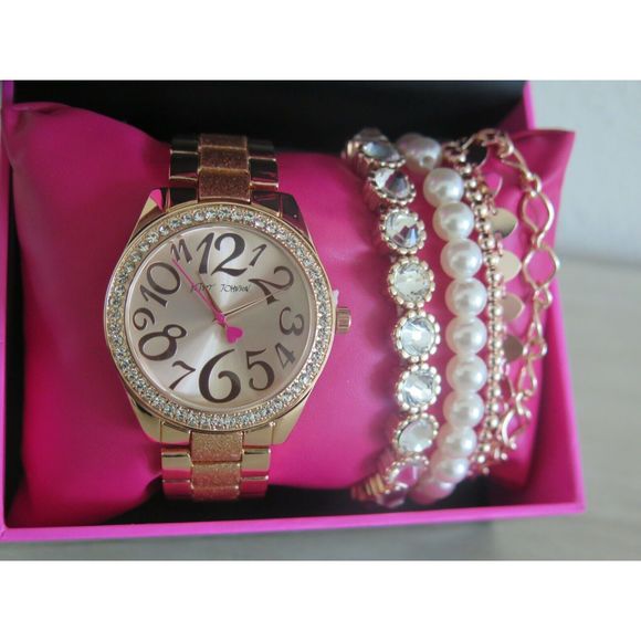 BETSEY JOHNSON CRYSTAL BEZEL ROSE-GOLD WATCH W/BRACELETS BOXED SET NEW!! $120+ - Picture 1 of 9